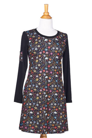 Chilly Dress by Rien ne se Perd, Autumn Flowers, floral pattern with contrasting long black sleeves, floral pocket with button on one sleeve, flared hemline, sizes XS to XXL, made in Quebec