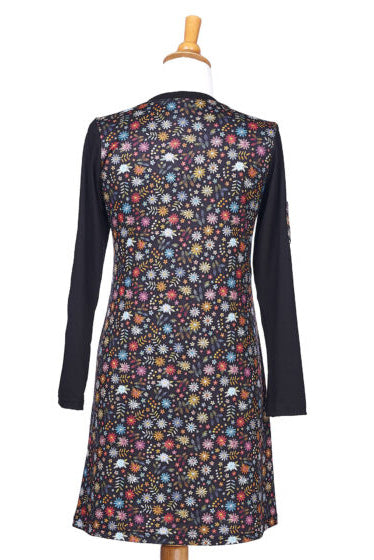 Chilly Dress by Rien ne se Perd, Autumn Flowers, bac view, floral pattern with contrasting long black sleeves, floral pocket with button on one sleeve, flared hemline, sizes XS to XXL, made in Quebec
