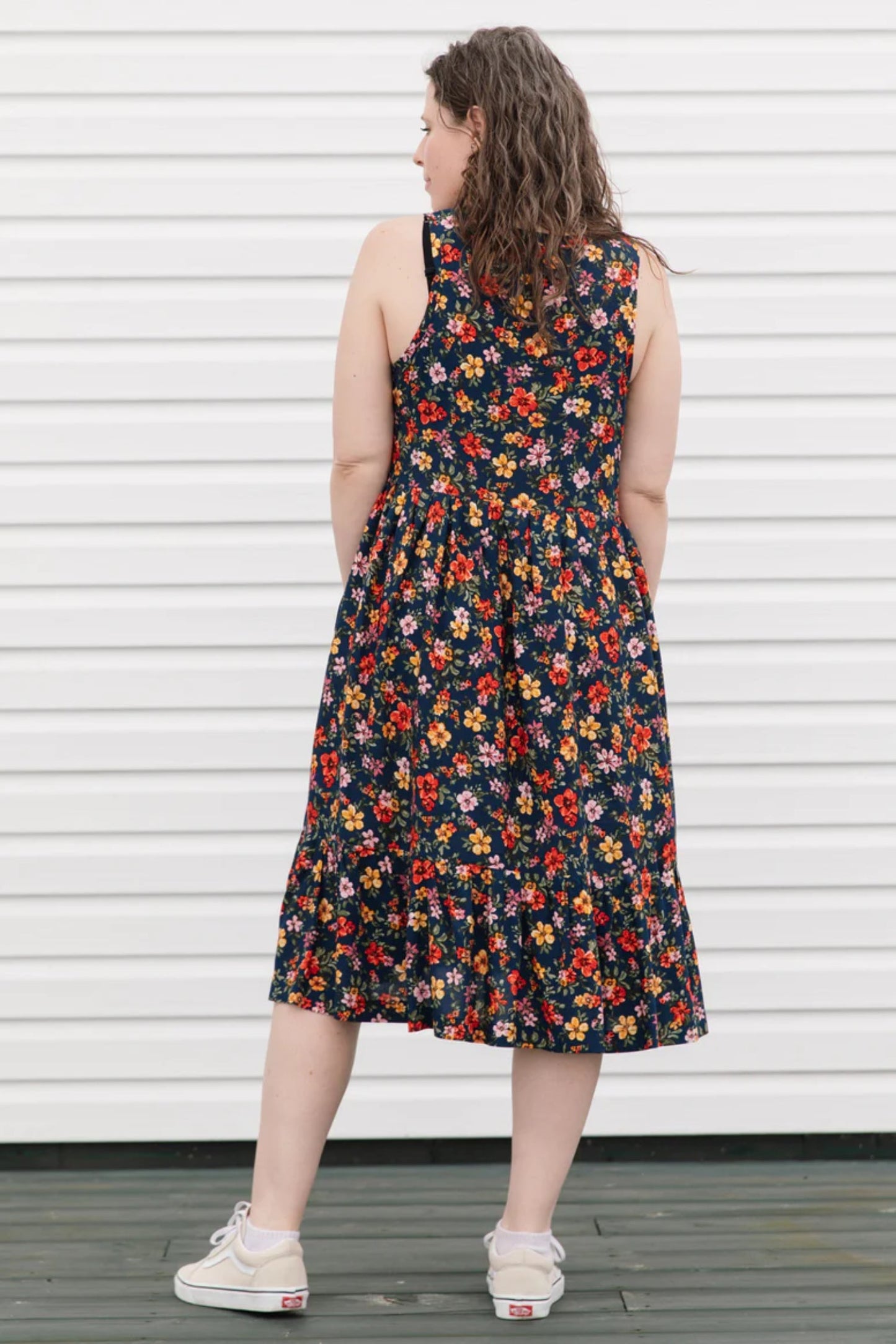 Rose Dress by Copious, Floral Print, back view, tank dress, loose fit, mid-calf length, pockets, cotton, linen, sizes XS to L, made in Ottawa
