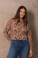 Flore Sweater by Cherry Bobin, French Terry floral, slightly cropped, gently puffed long sleeves, bamboo rayon, cotton, eco-fabric, sizes XS to 3XL, made in Montreal
