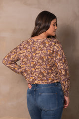 Flore Sweater by Cherry Bobin, French Terry floral, back view, slightly cropped, gently puffed long sleeves, bamboo rayon, cotton, eco-fabric, sizes XS to 3XL, made in Montreal