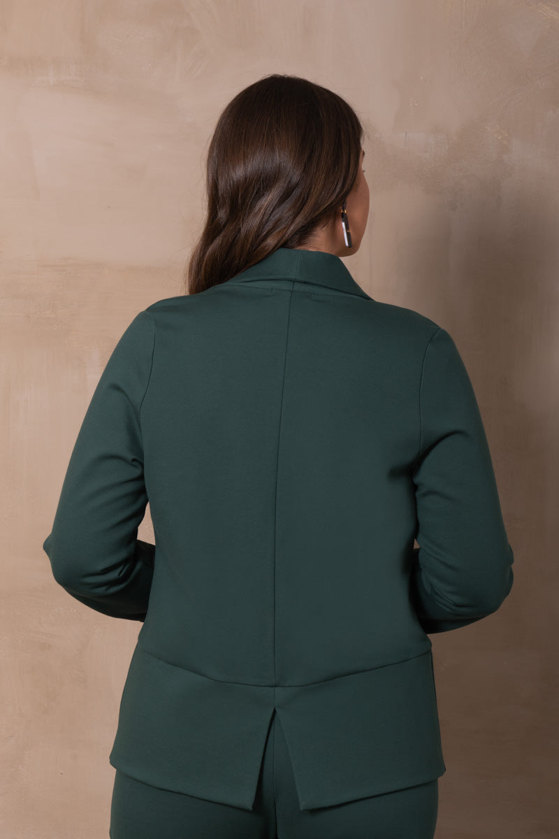 Max Jacket by Cherry Bobin, Green, back view, semi-tailored, cuffed sleeves, split hemline at back, inside pocket, eco-fabric, Ponte di Roma, LENZING ECOVERO viscose, sizes XS to 3XL, made in Montreal