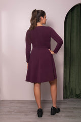 Clio Dress by Cherry Bobin, Mauve Ribbed, back view, V-neck, long sleeves, fitted top, flared godet skirt, modal tencel fabric, sizes XS to 2XL, made in Montreal