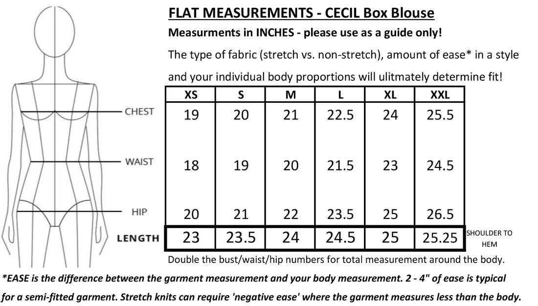 Garment measurement chart for Cecil Box Blouse with body outline and size guide.
