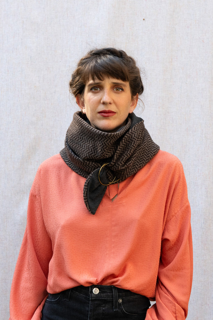 Edward Scarf by Kazak, Brown Chevron, lined with pashmina rib knit, metal rings made in Montreal