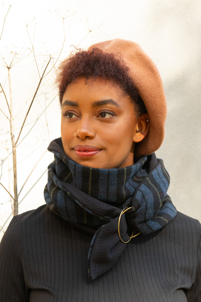 Edward Scarf by Kazak, Blue Plaid, lined with pashmina rib knit, metal rings made in Montreal