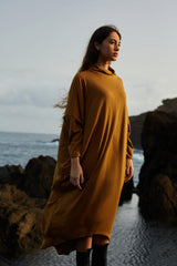 Frankfurt Dress by MAS, Tumeric, oversized, rib knit, cowl neck, dropped sleeves, hi-low rounded hem, One Size, made in Montreal