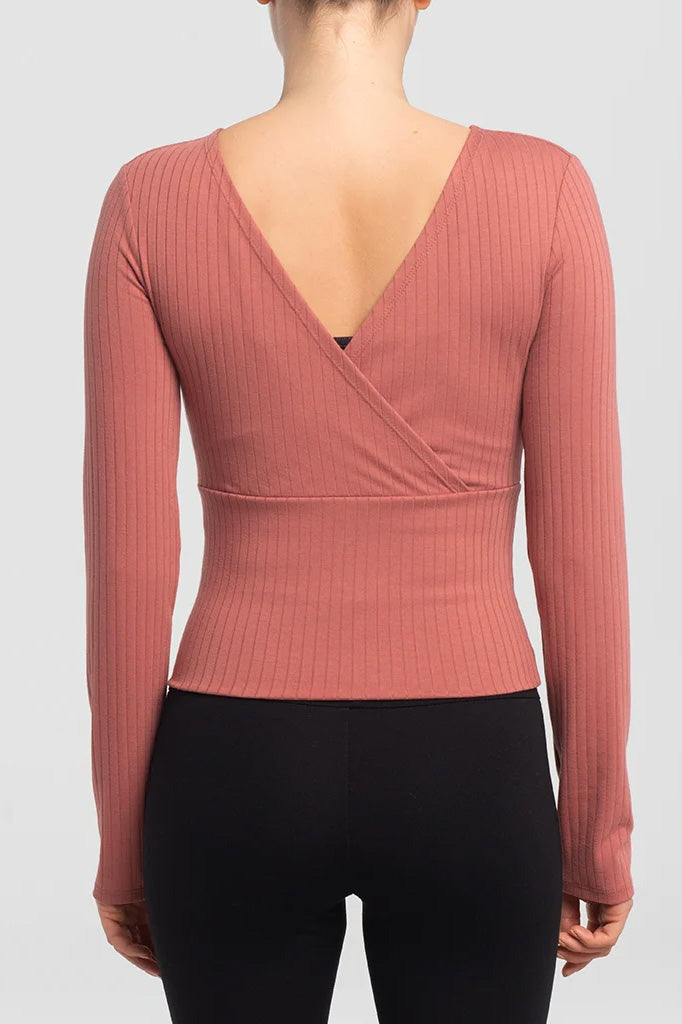 Grimesby Top by Kollontai, Blush, rerversible back to front, faux-wrap neckline on one side, high round neck on the other side, wide band across the bottom, rib knit, sizes XS to XXL, made in Montreal