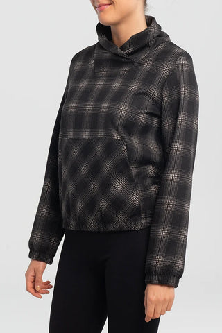 Hedren Sweater by Kollontai, Black, Plaid, cross-over neckline, kangaroo pouch, elastic at cuffs and hem, sizes XS to XXL, made in Montreal