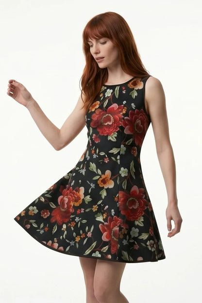 A woman wearing the Silba Dress FW26/27 by Kollontai in Black Floral, a short sleeveless dress with princess seams and an above the knee skirt. She is standing against a white background. 