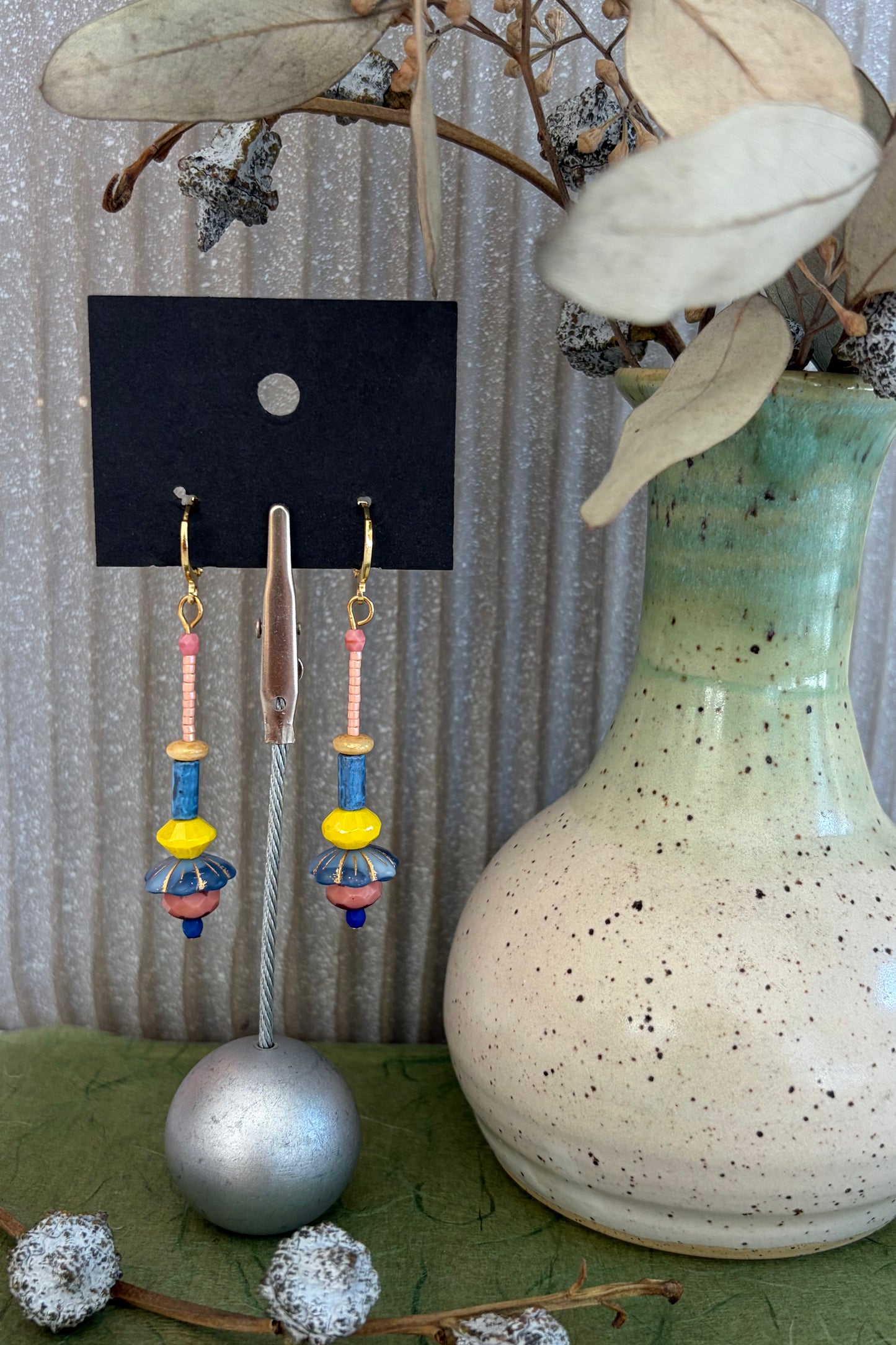 Beaded Czech Glass Earrings - Pink/Yellow/Blue Dangle