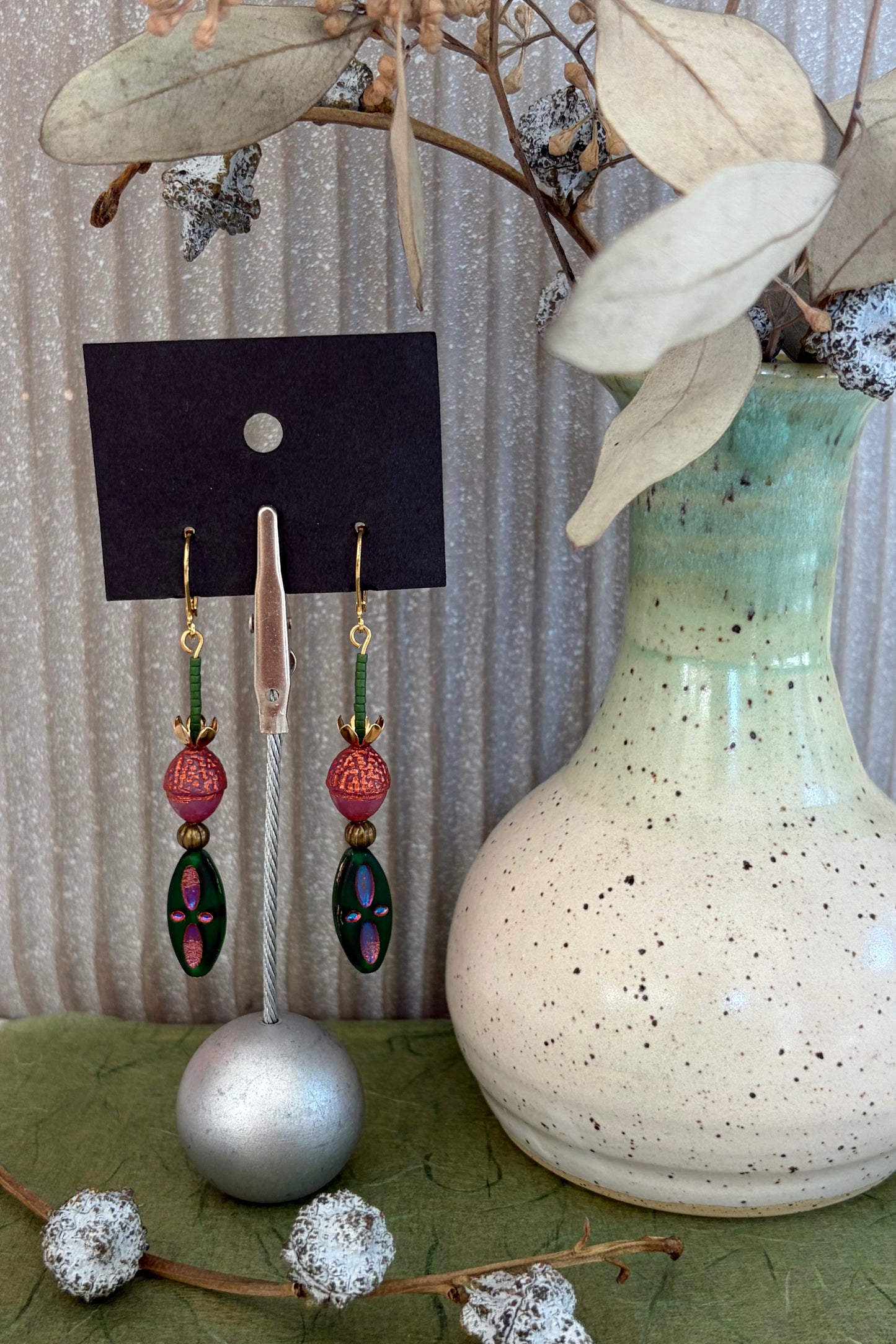 Beaded Czech Glass Earrings - Pink Acorn/Green Diamond
