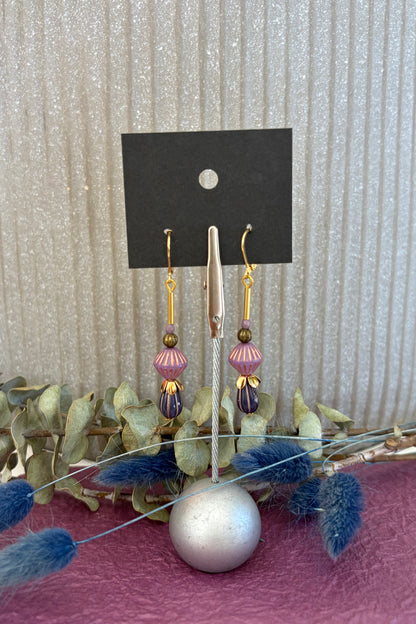 Beaded Czech Glass Earrings - Purple Lantern