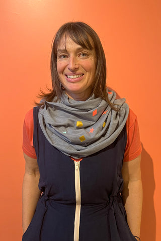 Perfection Game Infinity Scarf by Flock, Heather Grey, organic cotton and polyester, vinyl decals, made in Ottawa