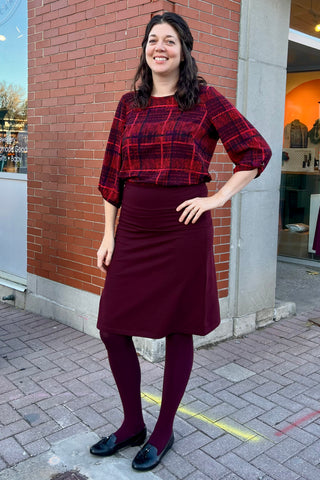 Solo Plaid Blouse by Mandala, Red, wide neck, 3/4 sleeves with gathered cuff and covered button detail, back yoke, french darts, rounded hem, loose fit, sizes XS to L, made in Ontario