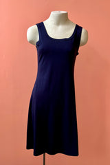 B-Dress by Yul Voy, Navy, tank dress, wide straps, scoop neck front and back, A-line shape, above the knee, sizes XS to XXL, made in Montreal B-Dress by Yul Voy, Navy, tank dress, wide straps, scoop neck front and back, A-line shape, above the knee, sizes XS to XXL, made in Montreal