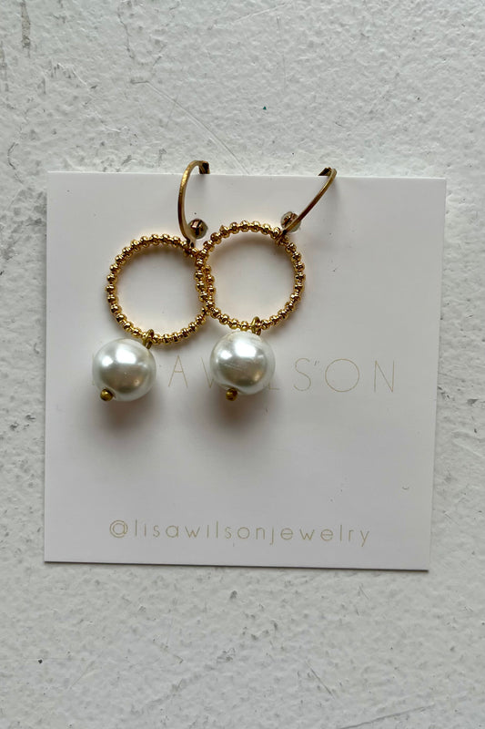 Gold Ball Chain Glass Pearl Dangle Earrings