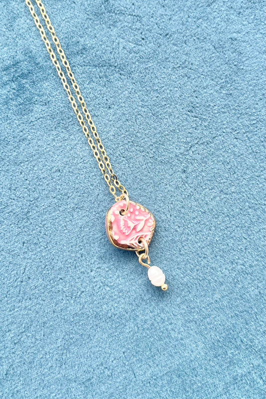 Dark Pink Pendant & Pearl Necklace