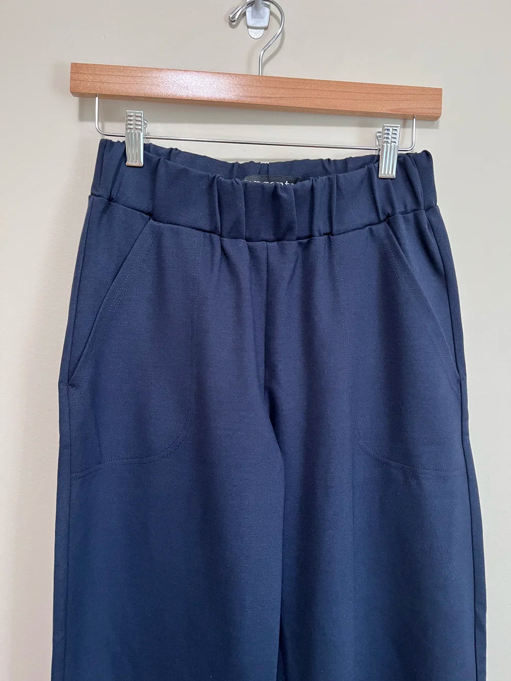 The Luisa Ponte Pants by Tangente in Navy, pull-on pants with an elastic waist, front pleats, and side pockets, are shown on a hanger in front of a white studio background. 