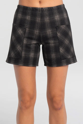 Indira Shorts by Kollontai, Black, plaid, patch pockets, elastic waist, sizes XS to XXL, made in Montreal