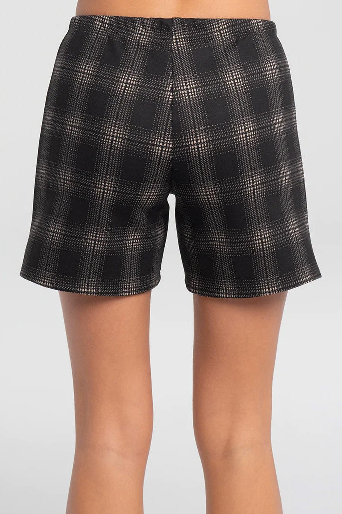 Indira Shorts by Kollontai, Black, back view, plaid, patch pockets, elastic waist, sizes XS to XXL, made in Montreal