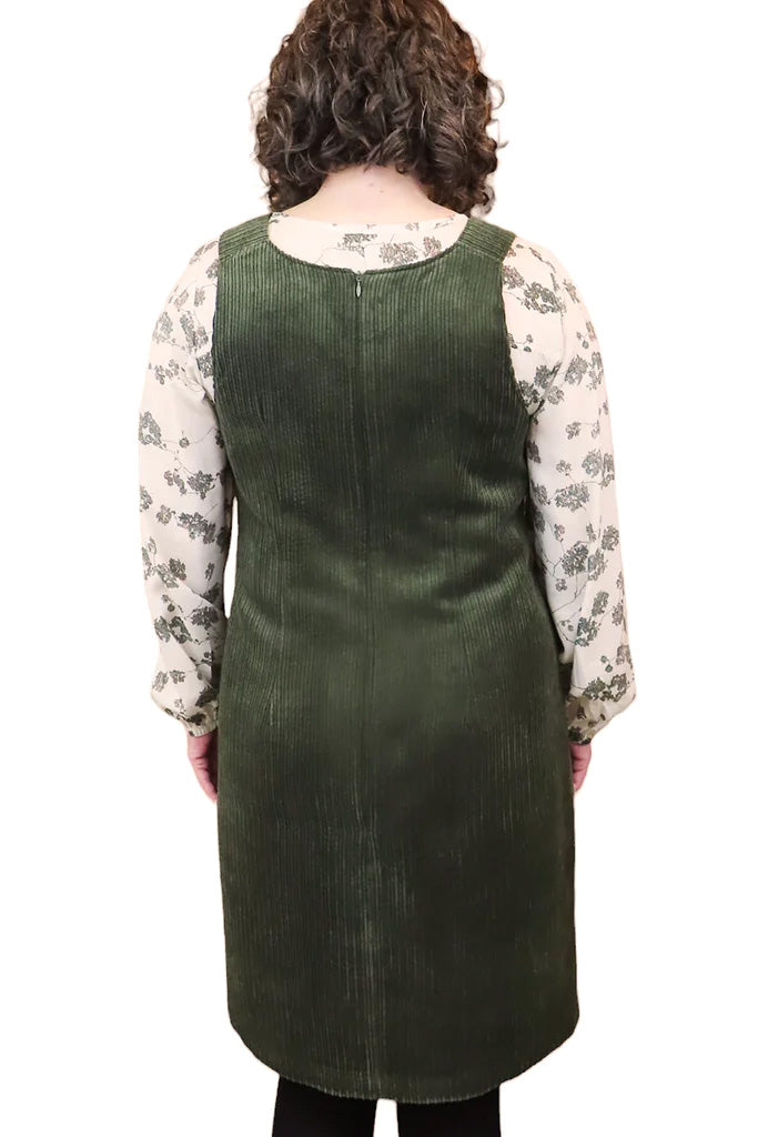 Joni Corduroy Jumper by Mandala, Olive, back view, V-neck, wide straps, decorative buttons, band at waist, hip pockets, sizes XS to XXL, made in Ontario