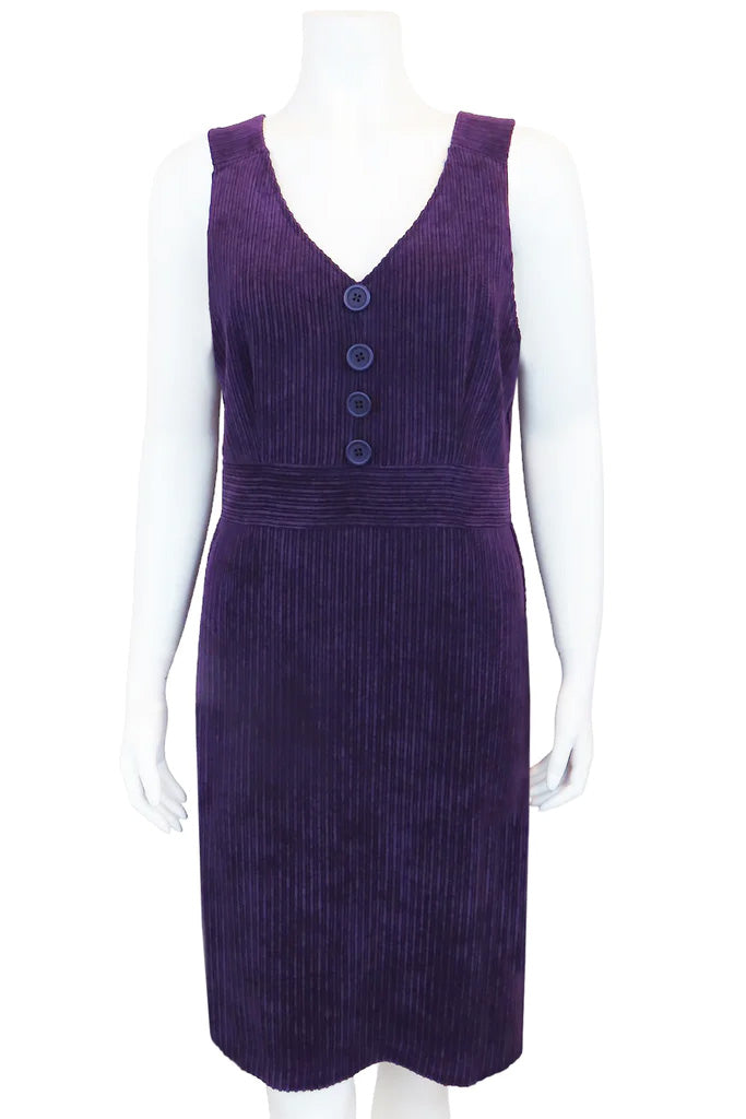 Joni Corduroy Jumper by Mandala, Purple, V-neck, wide straps, decorative buttons, band at waist, hip pockets, sizes XS to XXL, made in Ontario