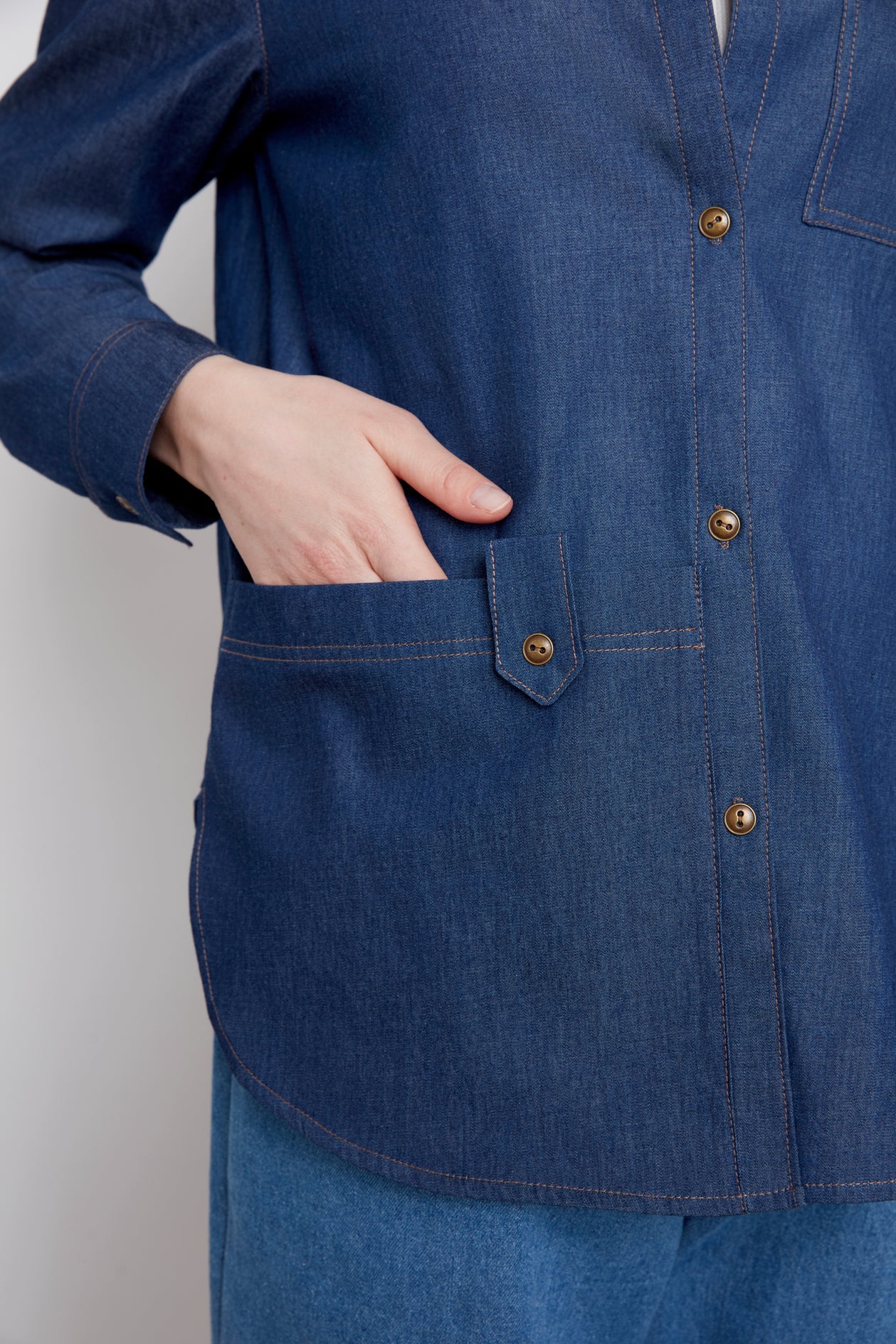 Front pocket detail of the Jasmine Denim Shirt by Julei