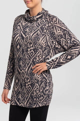 Bigelow Tunic by Kollontai, Abstract Knit, cowl neck, raglan sleeves, mid-thigh length, sizes XS to XXL, made in Montreal
