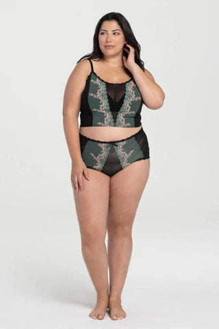 Raluca Brief by Kollontai, Green, high-waisted panties, lace and mesh, sizes XS to XL, made in Montreal 