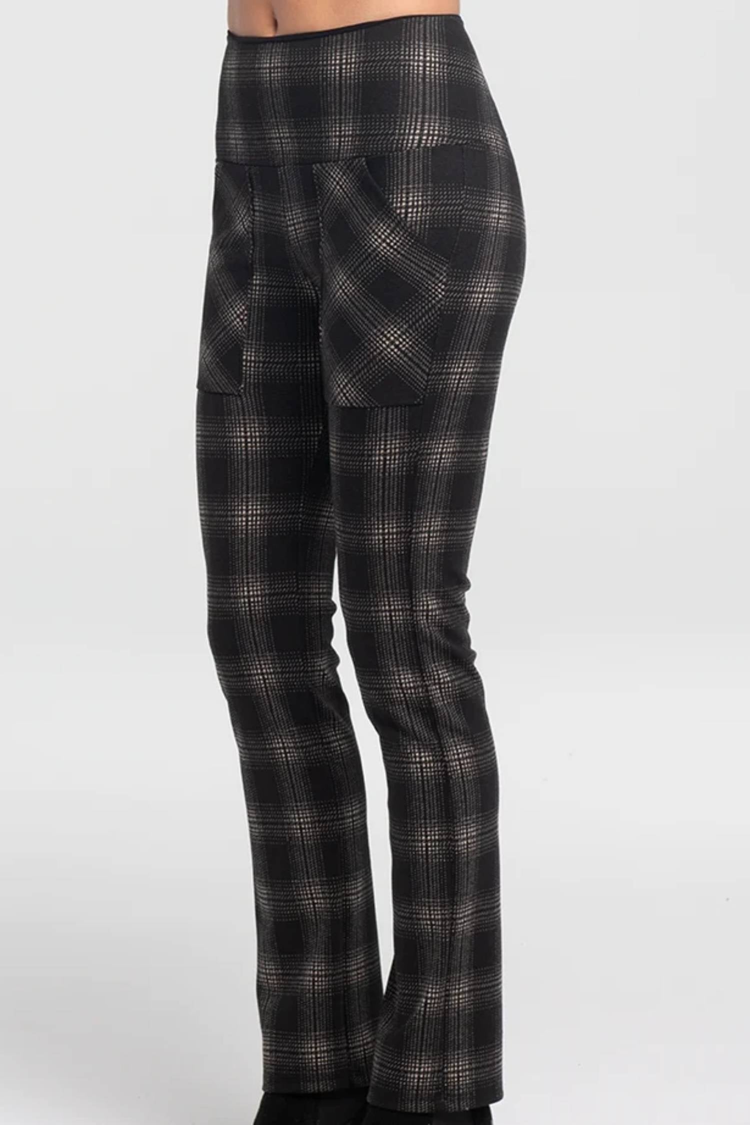 Irena Pants by Kollontai, Black, plaid, pull on waist, slim fit, patch pockets, sizes XS to XXL, made in Montreal