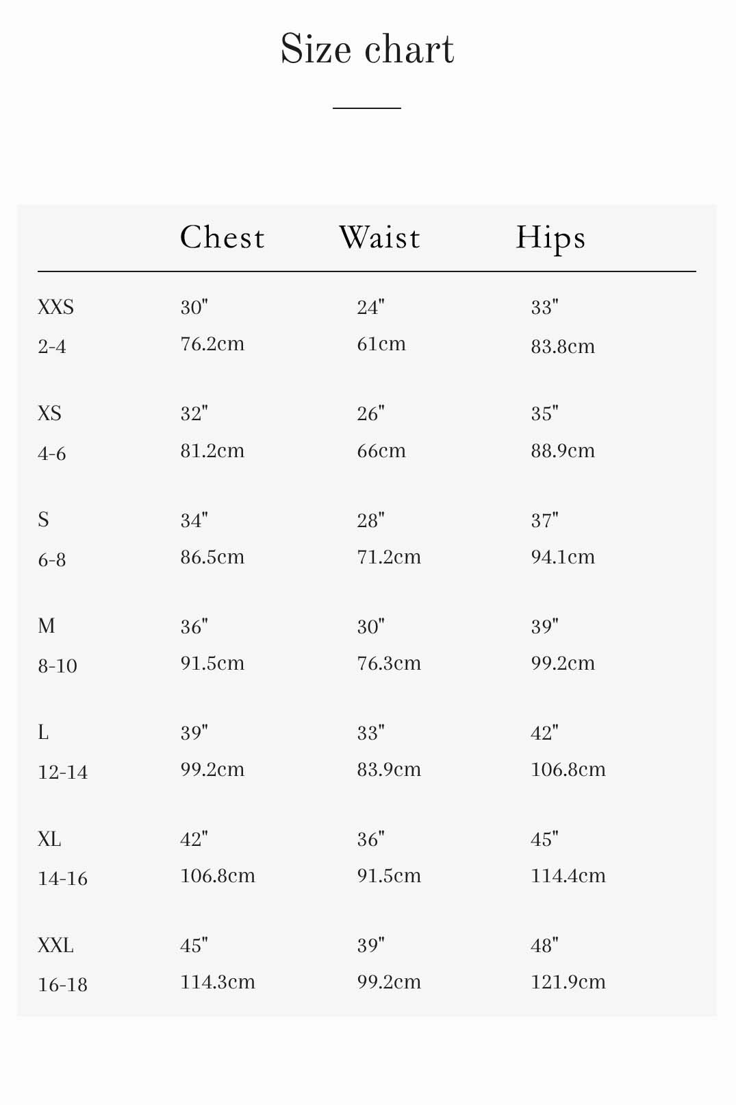 Kollontai Size chart