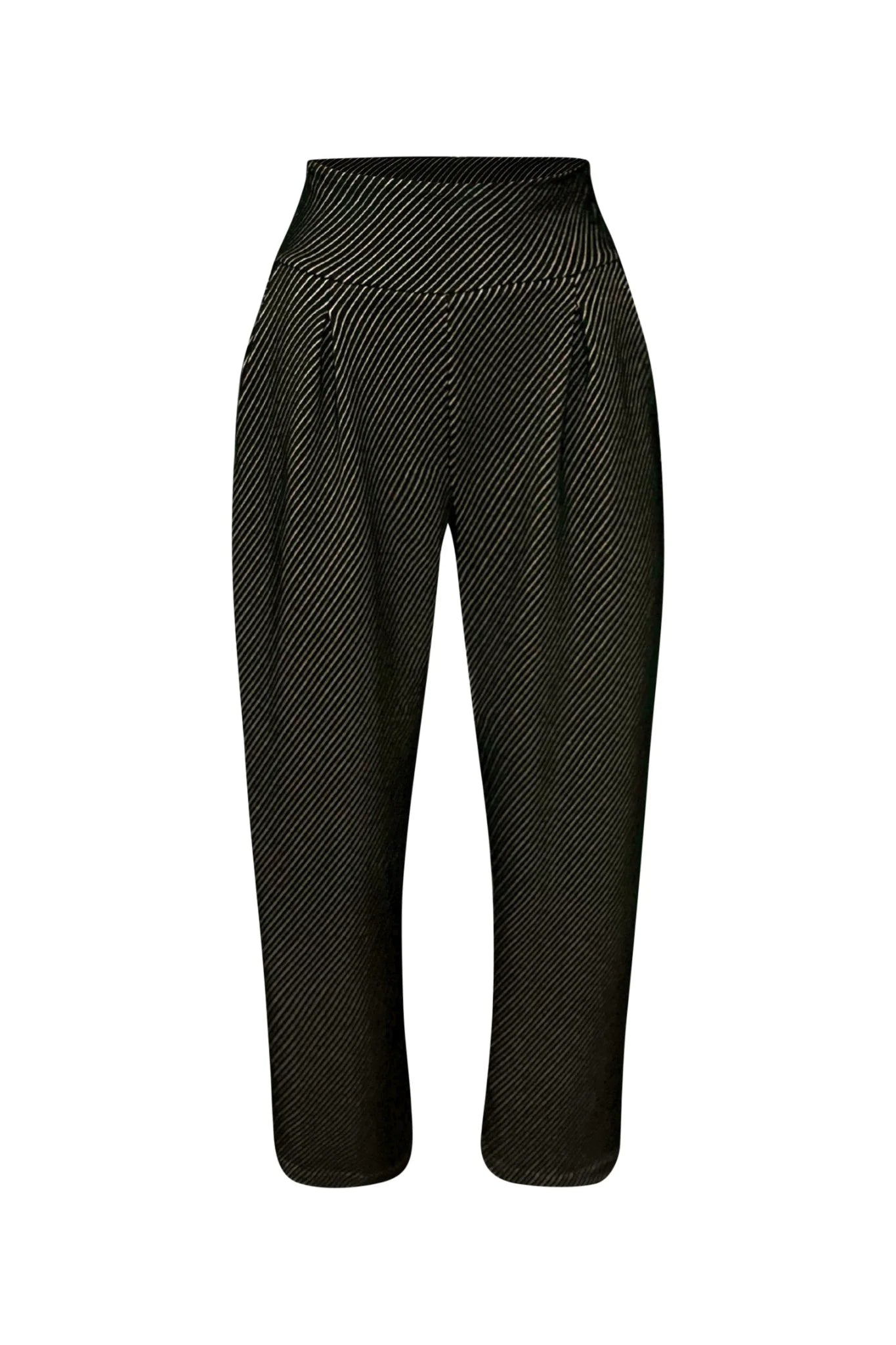 The Leo Pants by Melow in Black, high-waisted full length pants with a wide pull-on waistband, straight legs, front pleats, and a diagonal stripe texture, are shown against a white background. 