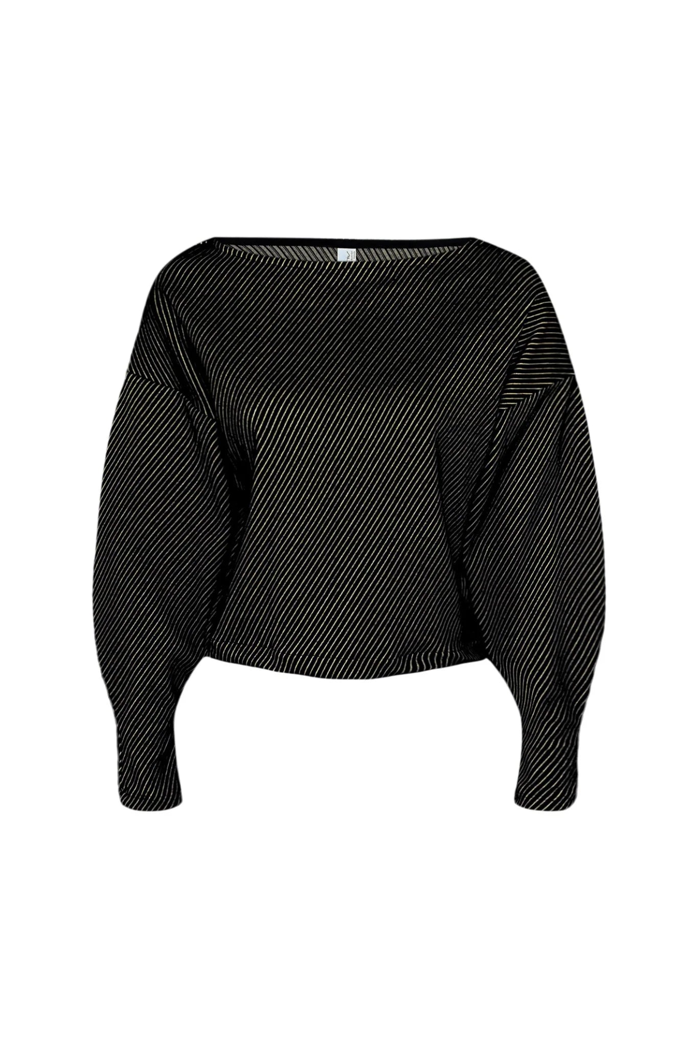 The Lewis Top by Melow in Black, featuring a diagonal stripe texture, boat neck, long puffed sleeves that snug at the wrists, and a cropped length, is shown against a white background. 