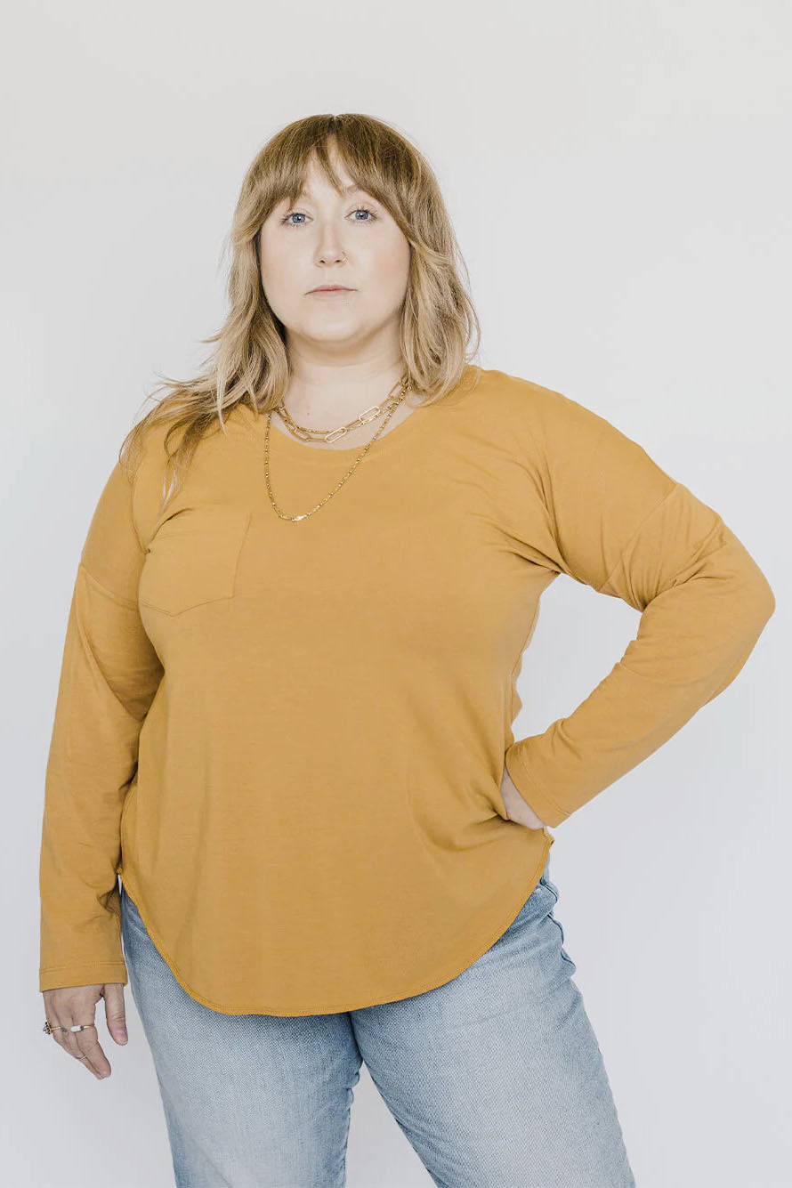 Long Sleeve Janis Tee by Blondie, Gold, shoulderless arms, chest pocket, rounded hem, sizes XS to XL, made in Toronto