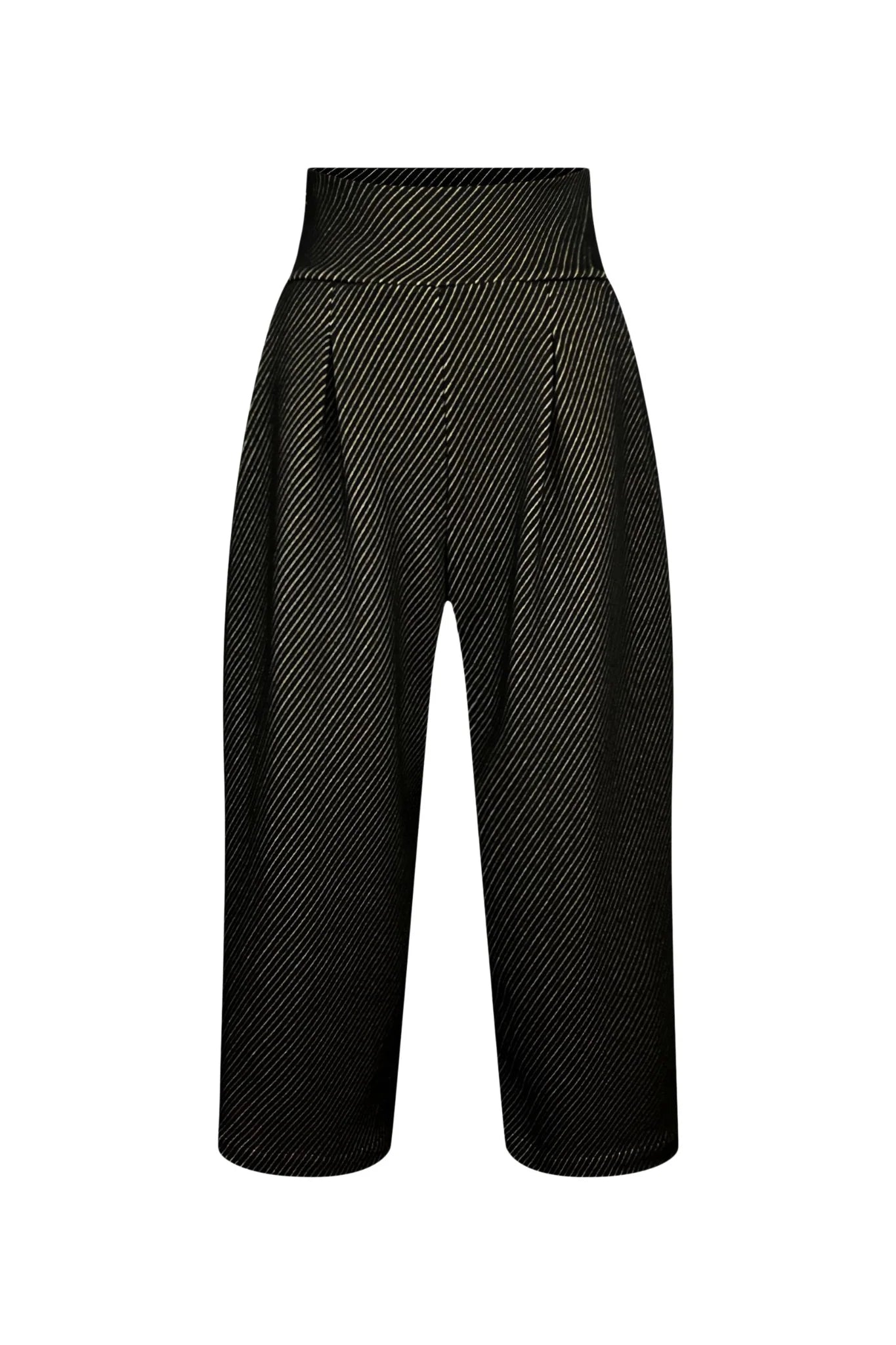 The Lucas Pants by Melow in Black, featuring a diagonal stripe texture, a high elastic waist, front pleats, and 3/4 length legs, are shown against a white background. 