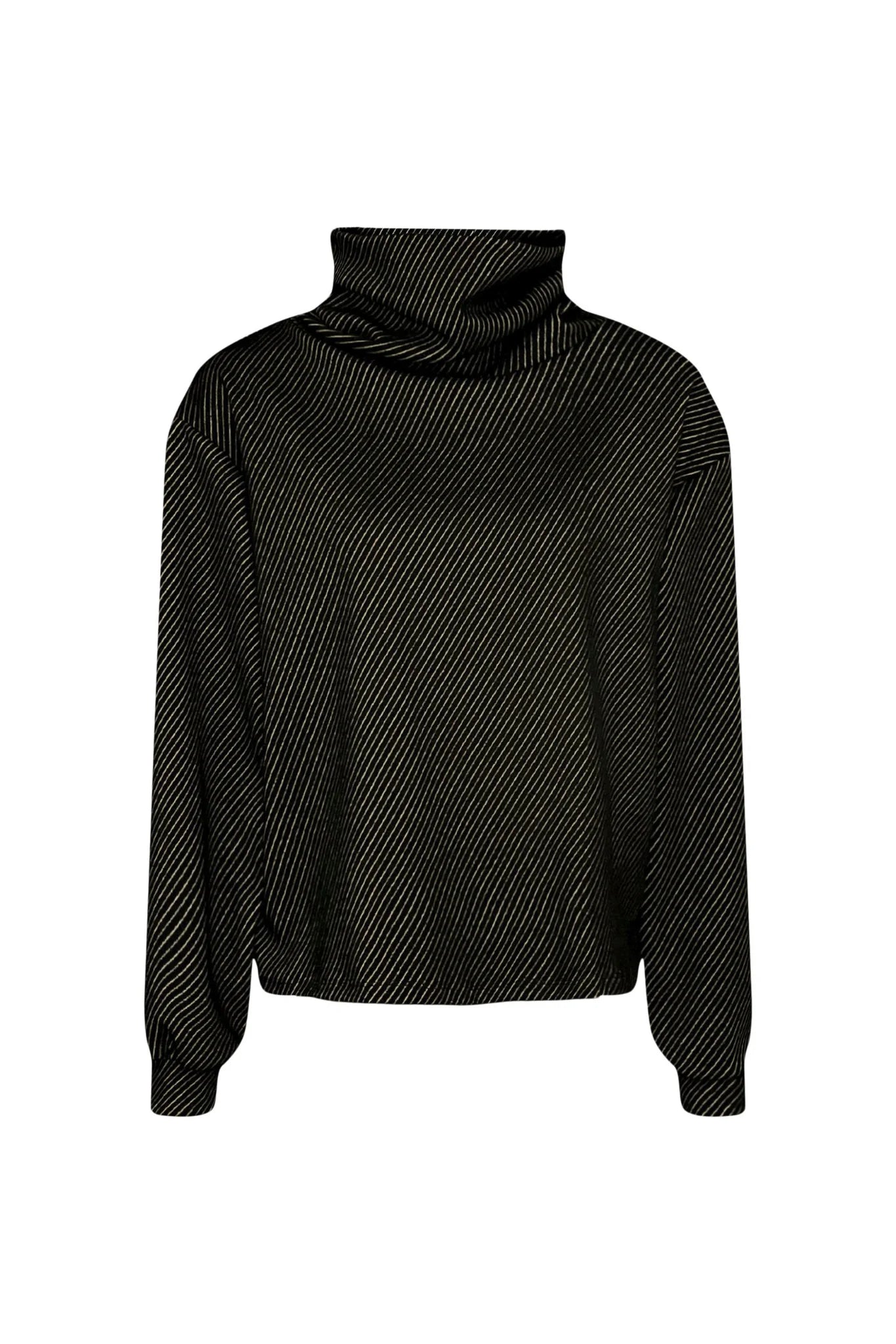 The Ludovic Sweater by Melow in Black, a square shaped turtleneck sweater with puffed sleeves that taper at the wrists and a diagonal stripe texture, is shown in front of a white background. 