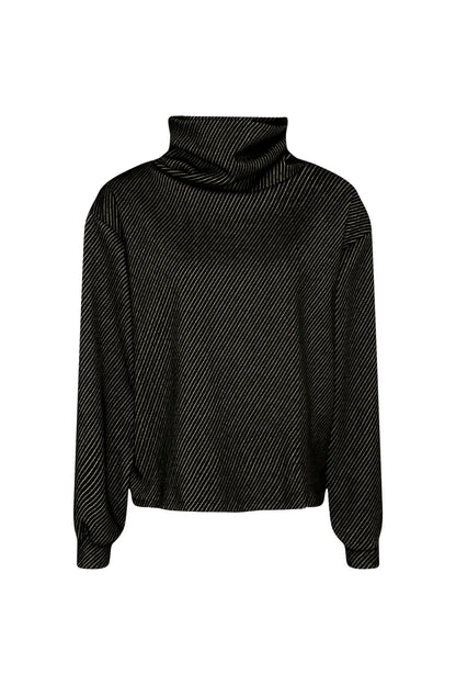 The Ludovic Sweater by Melow in Black, a square shaped turtleneck sweater with puffed sleeves that taper at the wrists and a diagonal stripe texture, is shown in front of a white background. 