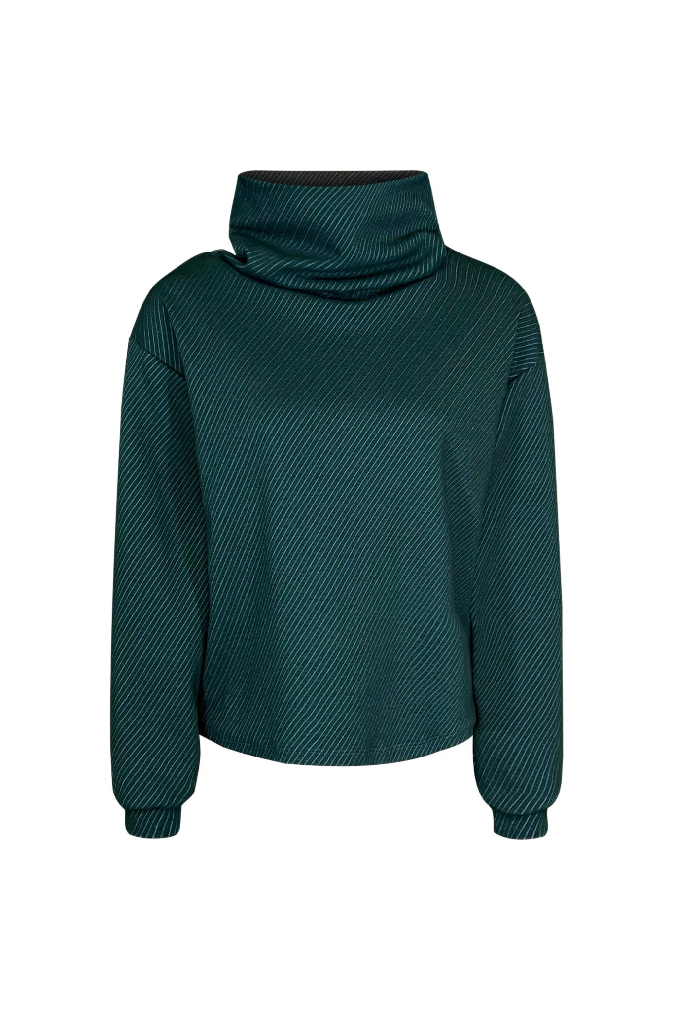 The Ludovic Sweater by Melow in Oil, a teal coloured square shaped turtleneck sweater with puffed sleeves that taper at the wrists and a diagonal stripe texture, is shown in front of a white background. 