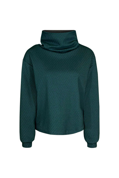 The Ludovic Sweater by Melow in Oil, a teal coloured square shaped turtleneck sweater with puffed sleeves that taper at the wrists and a diagonal stripe texture, is shown in front of a white background. 