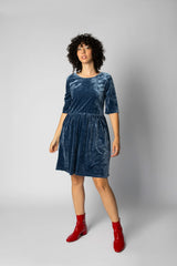 Lousse Dress by Eve Lavoie, Blue Velvet, reversible, boat neck on one side, V-neck at the other, defined waist, full skirt, elbow-length sleeeves, sizes XS to XL, made in Montreal 