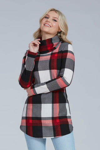 Alambika Tunic by Luc Fontaine, Red and White Check, cowl neck, long sleeves, rounded hem, sizes 4-16, made in Canada