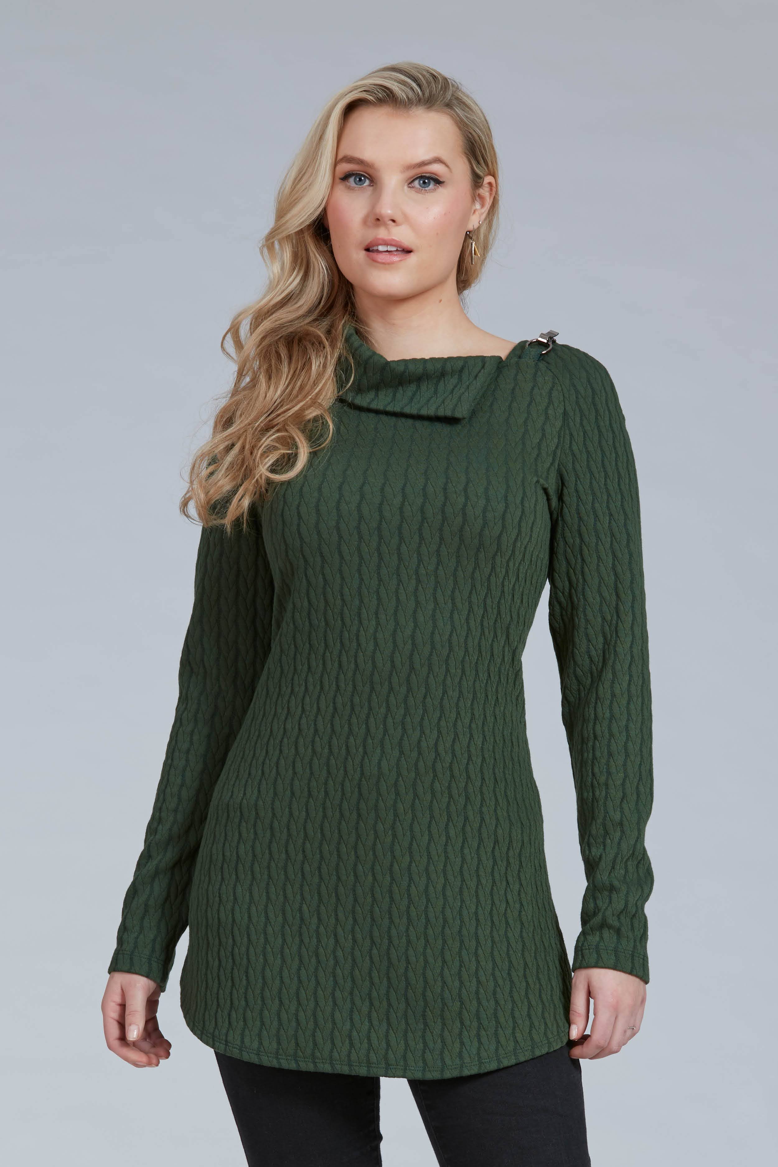 Dare Tunic by Luc Fontaine, Olive, large collar that's open at one side, buckle detail at shoulder, cable knit, rounded hem, sizes 4-16, made in Canada