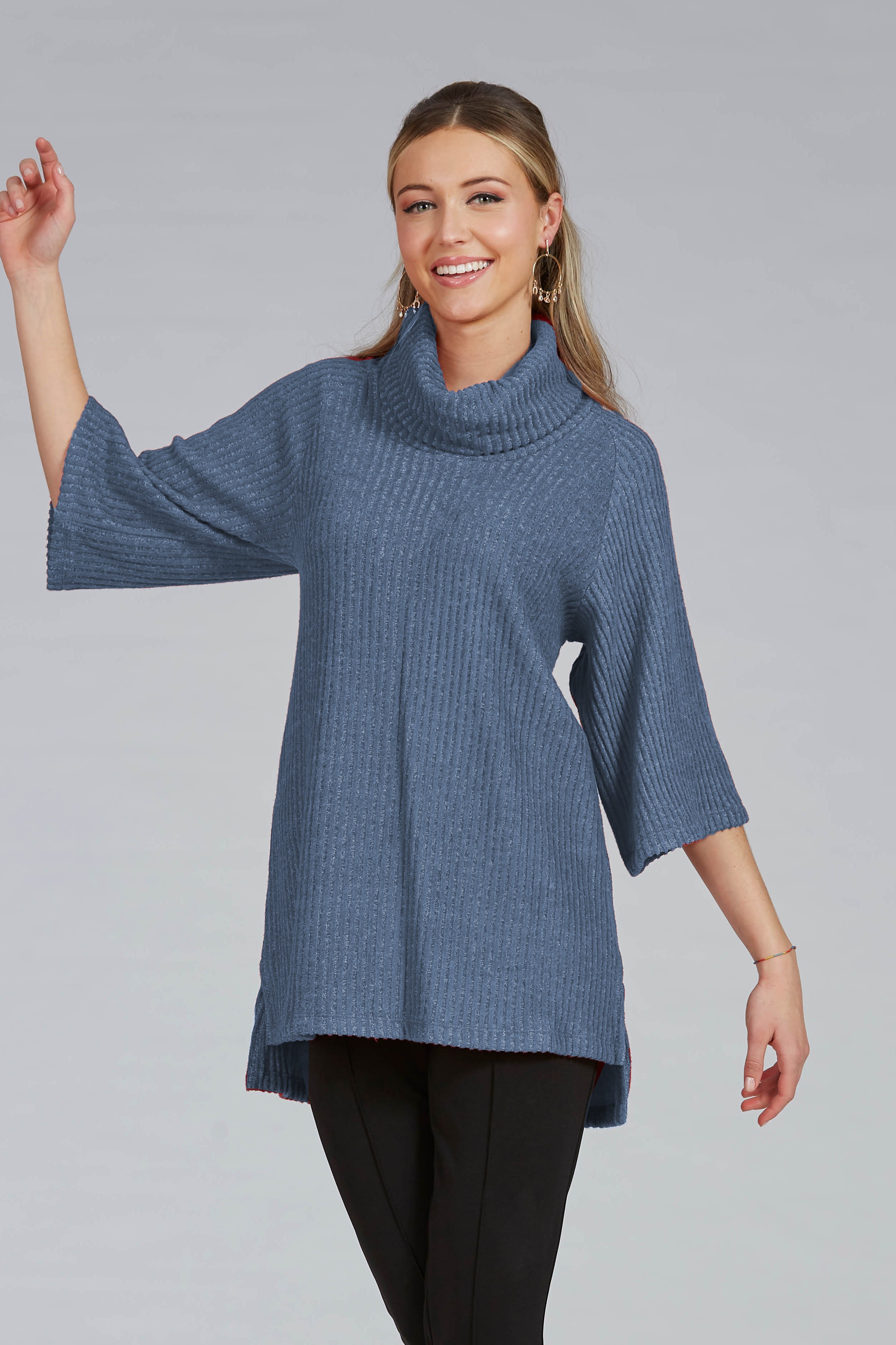 Rib Tunic by Luc Fontaine, Blue, cowl neck, wide 3/4 sleeves, hi-low hemline, side slits, sizes 4-16, made in Canada