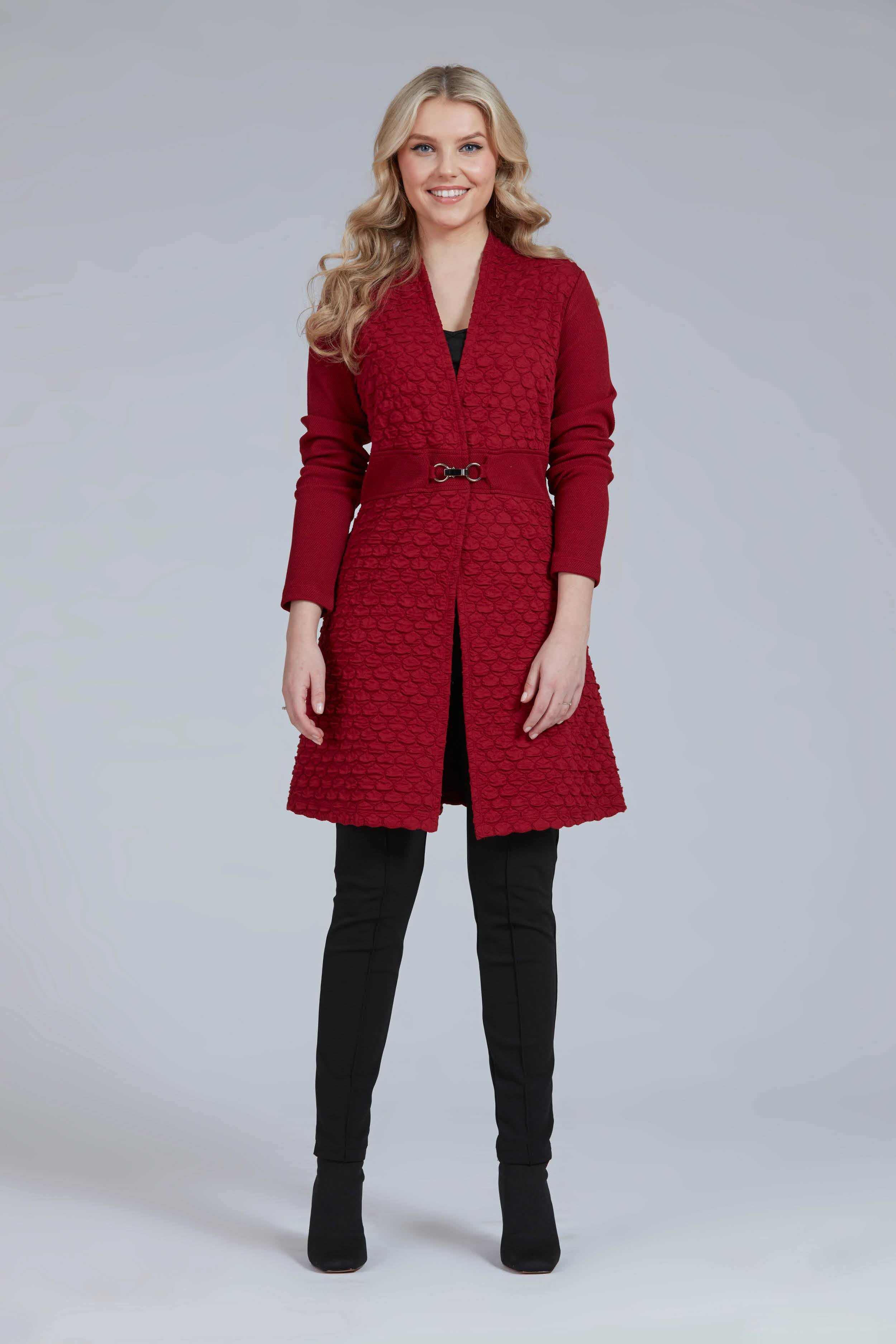 Starla Jacket by Luc Fontaine, Red, textured fabric, fit and flare shape, clasp closure at waist, sizes 4-16, made in Canada