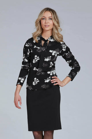 Xanadu Top by Luc Fontaine, Black and White Floral, tie neck, long sleeves, fitted shape, sizes 4-16, made in Canada
