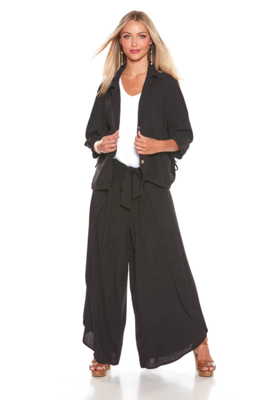 Frola Pant, Black, tulip hem and wrapped sides, zip front, tie at waist, sizes 4-16, made in Montreal 