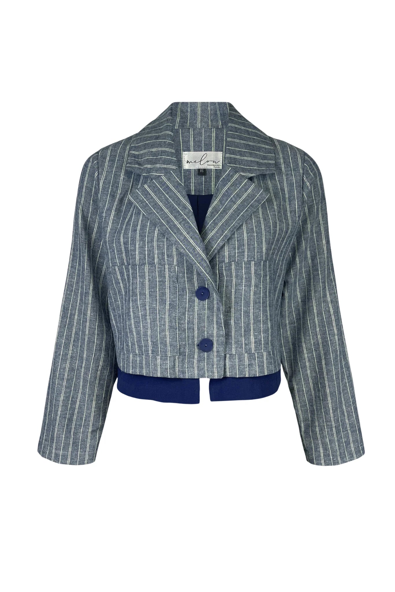 The Maroua Jacket by Melow in Blue stripe, a cropped jacket with a tailored collar, two buttons, sleeves with a button cuff detail, and a contrasting lining band, is shown against a white background. 