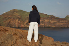 Amsterdam Sweater by MAS, Indigo, back view,  oversized, high chimney neck, long extended sleeves, cropped length, ribbed cotton knit, One Size, made in Montreal 