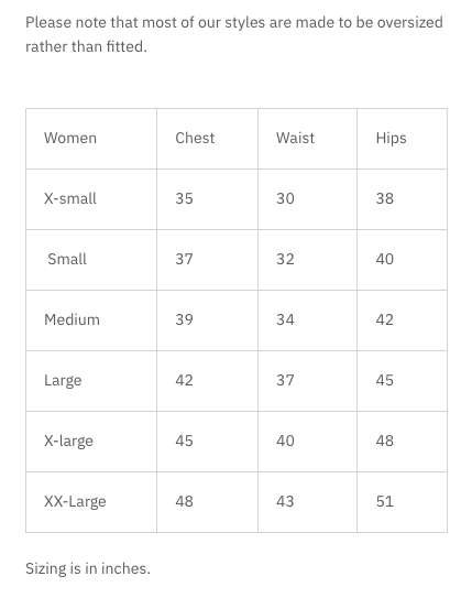 MAS Size Chart